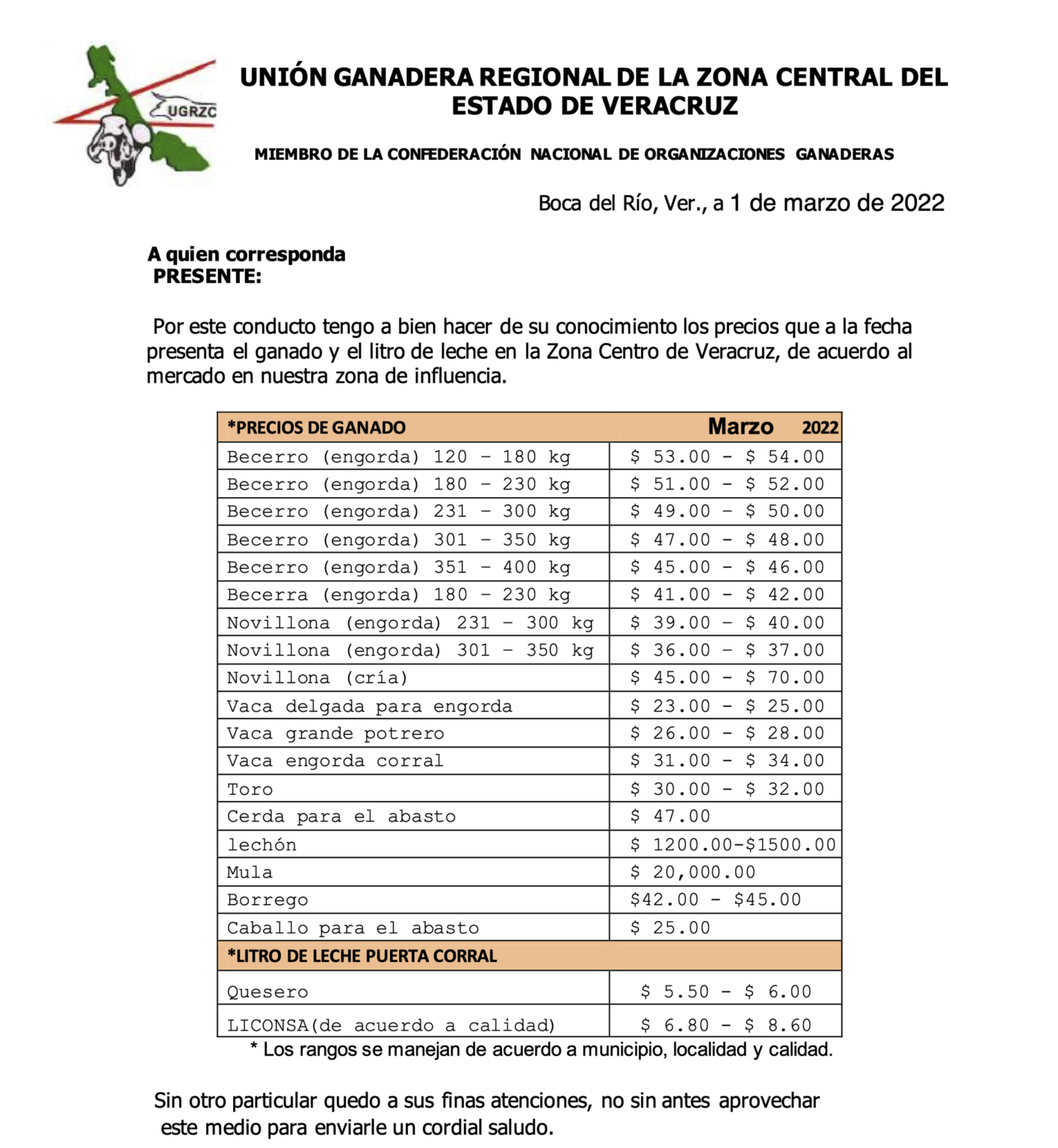 Precios del Ganado en zona centro de Veracruz para el mes de marzo